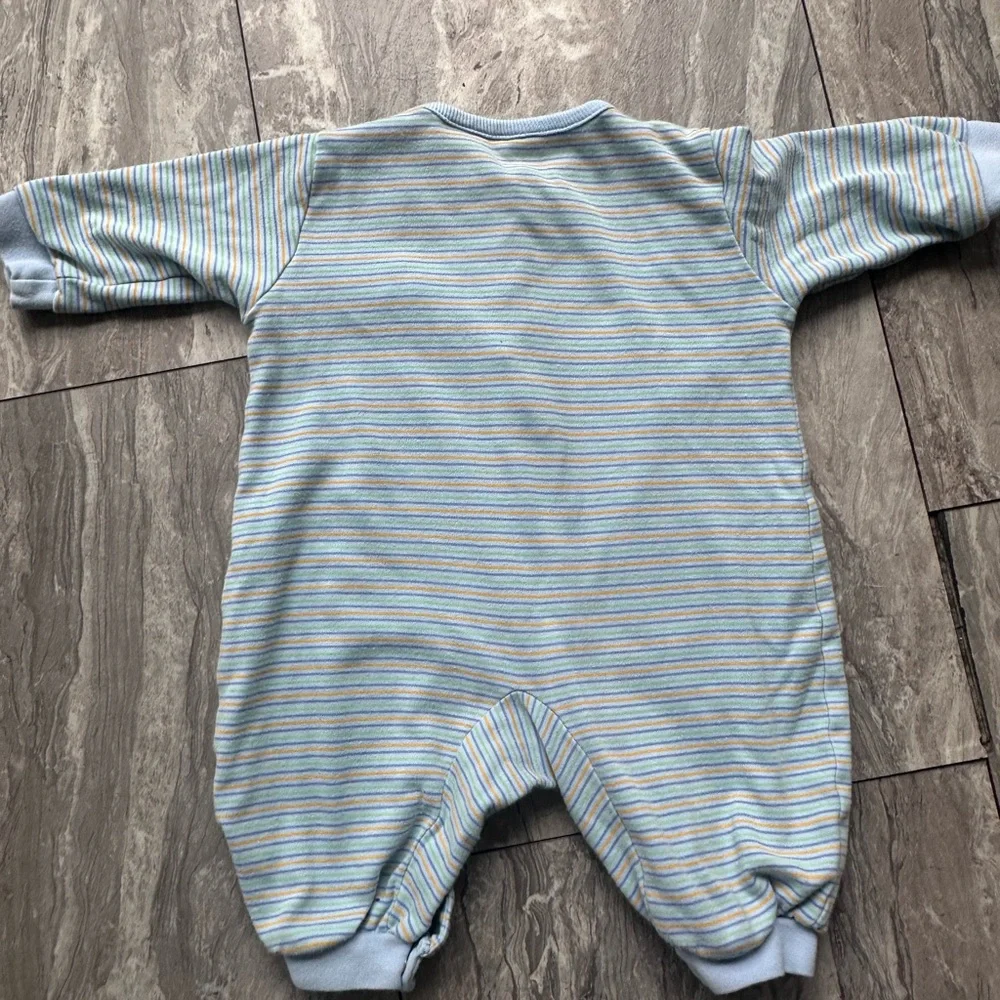 Cherokee Baby 0-3 mos‎ Blue Striped Baby One-Piece Romper Embroidered